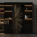 Modern Black Decorative Cabinet with Golden Starburst Art Lighted Shelves and Decor Items