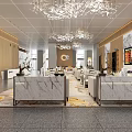 Modern Station Lobby With Luxurious Chandeliers Marble Counters Seats And Screens