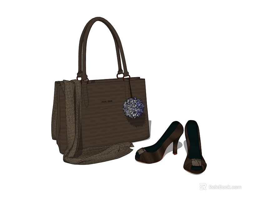 Brown Tote Handbag With Blue Pom Pom And Matching Brown High Heels 3d model 