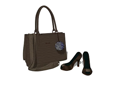 Brown Tote Handbag With Blue Pom Pom And Matching Brown High Heels 3d model