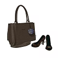 Brown Tote Handbag With Blue Pom Pom And Matching Brown High Heels