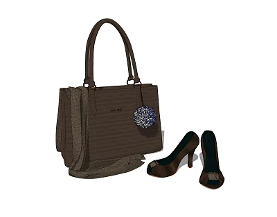 Brown Tote Handbag With Blue Pom Pom And Matching Brown High Heels 3d model