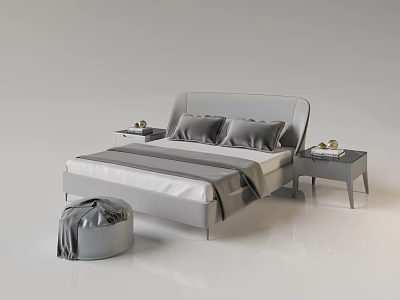Modern Double Bed With Gray Headboard White Sheets Pillows And Bedside Tables 3d model