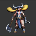 Warrior Character 3D Model With Horned Helmet Blonde Hair Blue Red Outfit Axe And Dagger