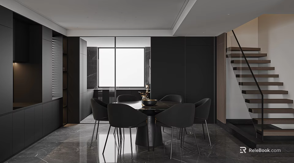 Modern Dining Room Interior With Black Table Chairs Large Windows And Marble Floor 3d model