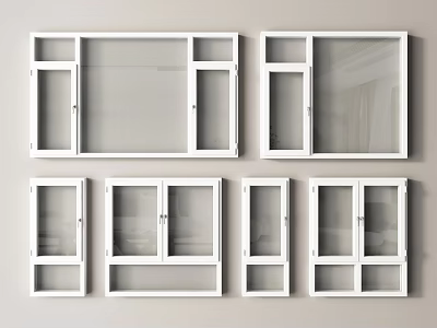 White Window Frames With Glass Panes In Various Styles Mounted On Wall 3d model