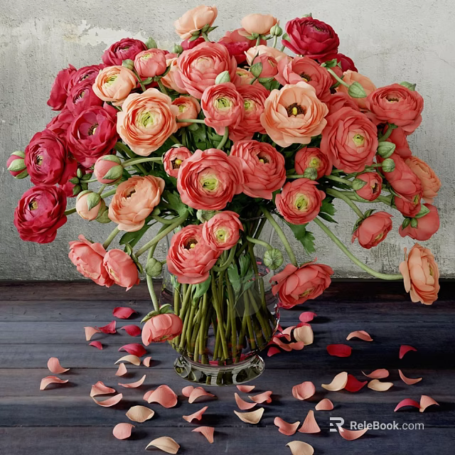 Fresh Red And Pink Flowers In Glass Vase With Scattered Petals On Wooden Table 3d model 
