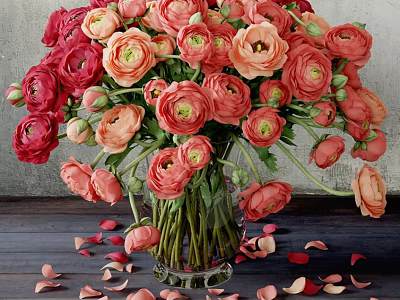 Fresh Red And Pink Flowers In Glass Vase With Scattered Petals On Wooden Table 3d model