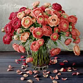 Fresh Red And Pink Flowers In Glass Vase With Scattered Petals On Wooden Table