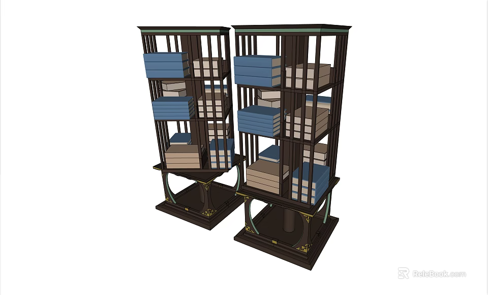 Dark Colored Classic Design Bookcases With Multiple Shelves And Books 3d model 