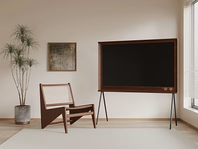 Wooden Frame TV On Stand In Minimalist Living Room With Chair Plant And Wall Art 3d model