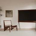 Wooden Frame TV On Stand In Minimalist Living Room With Chair Plant And Wall Art