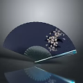 Open Dark Blue Fan With White Cherry Blossom Pattern And Reflection On Gray Background 3d model