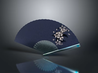 Open Dark Blue Fan With White Cherry Blossom Pattern And Reflection On Gray Background 3d model