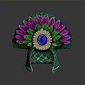 Decorative Green Pink Feather Shaped Household Ornament With Central Blue Gemstone And Golden Accents