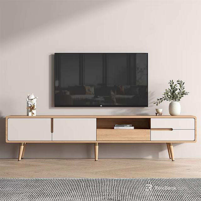 Modern TV Stand with White and Wooden Design Drawers Open Shelf Decorations and Plant 3d model 
