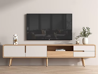 Modern TV Stand with White and Wooden Design Drawers Open Shelf Decorations and Plant 3d model