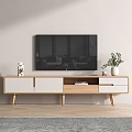 Modern TV Stand with White and Wooden Design Drawers Open Shelf Decorations and Plant