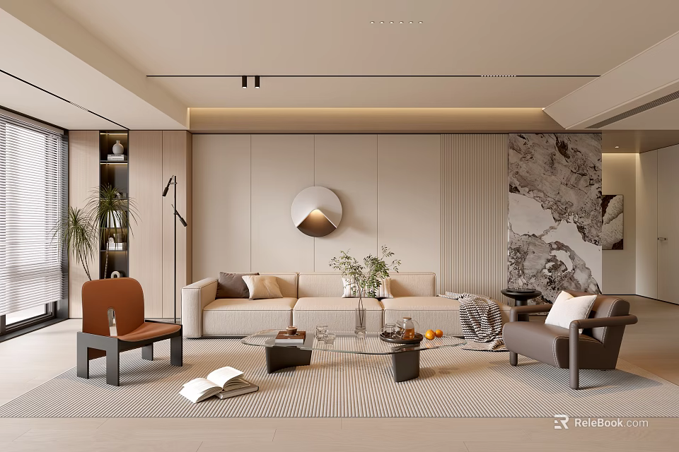Soft Warm Minimalist Living Room With Comfortable Beige Sofa Glass Coffee Table And Elegant Decor 3d model 