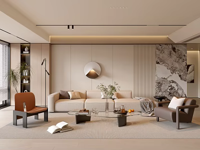 Soft Warm Minimalist Living Room With Comfortable Beige Sofa Glass Coffee Table And Elegant Decor 3d model