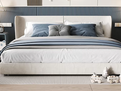 Modern Kids Bed With White Headboard Blue Gray Pillows And Floor Toys 3d model