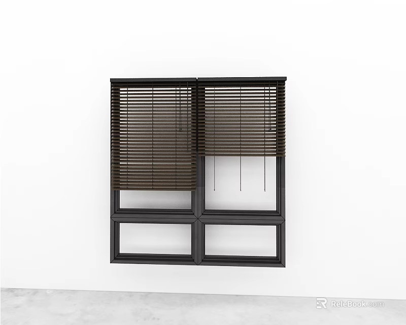 Dark Brown Venetian Blinds Installed On Black Frame Window With White Wall 3d model