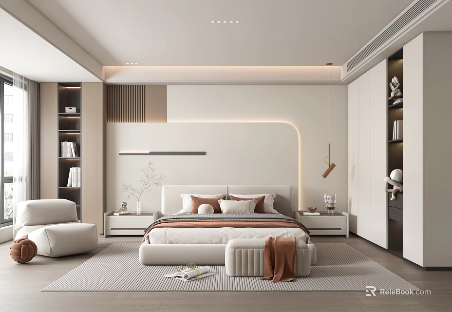 Modern Bedroom Interior Design With Minimalist Bedhead Wall Accent Chair And Built In Wardrobe 3d model 