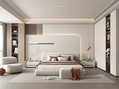 Modern Bedroom Interior Design With Minimalist Bedhead Wall Accent Chair And Built In Wardrobe 3d model