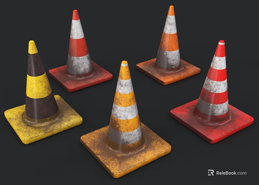 Worn Traffic Cones With Yellow Red Orange And White Stripes On Square Bases 3d model 