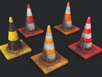 Worn Traffic Cones With Yellow Red Orange And White Stripes On Square Bases 3d model