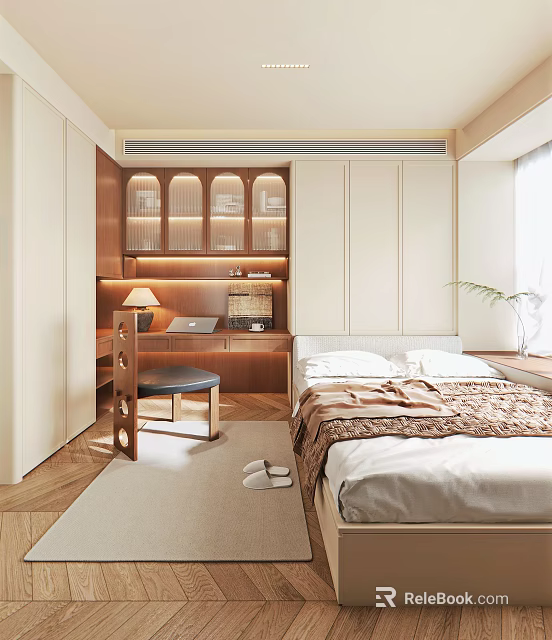 Modern Tatami Bedroom With Wooden Desk Chair Table Lamp Laptop And Glass Door Cabinets 3d model 
