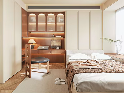Modern Tatami Bedroom With Wooden Desk Chair Table Lamp Laptop And Glass Door Cabinets 3d model