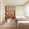 Modern Tatami Bedroom With Wooden Desk Chair Table Lamp Laptop And Glass Door Cabinets