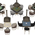 Modern Entertainment Table With Lamp Above Various Tabletops And Surrounding Chairs