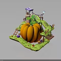 Whimsical Cottage Building With Purple Roof Giant Pumpkin Winding Vines And Ladder Path