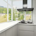 Modern Kitchen With White Cabinets White Wall Tiles Coffee Machine And Window View