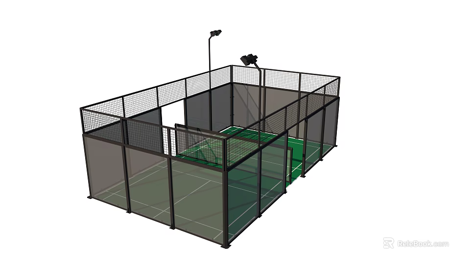 Indoor Sports Court With Fenced Enclosure Green Floor And Lighting 3d model 