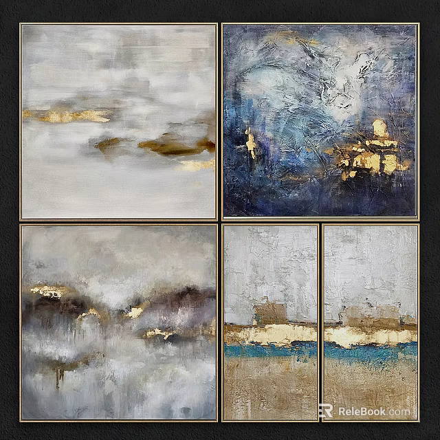 Abstract Wall Art Set of Four Textured Gray Blue Gold Modern Decor 3d model 