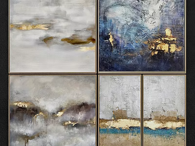 Abstract Wall Art Set of Four Textured Gray Blue Gold Modern Decor 3d model