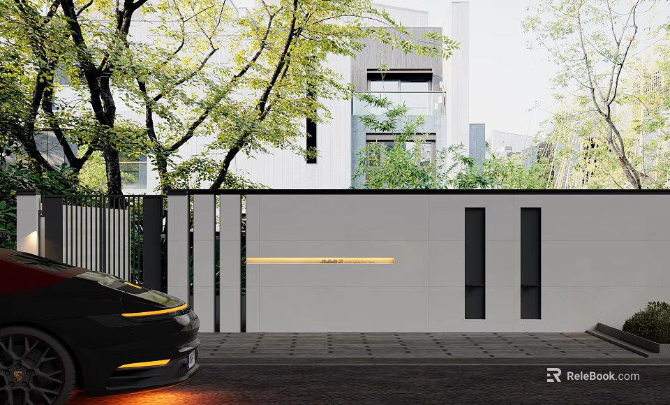 Modern Building Exterior Wall Design with White Surface and Surrounding Green Trees and Lighting Accents 3d model 