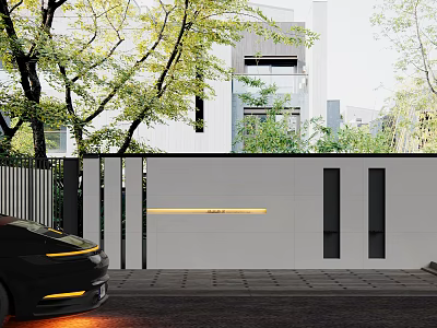 Modern Building Exterior Wall Design with White Surface and Surrounding Green Trees and Lighting Accents 3d model