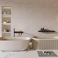 Elegant Freestanding And Ribbed Bathtubs With Bathroom Shelves Slippers And Bath Products On Marble Floor