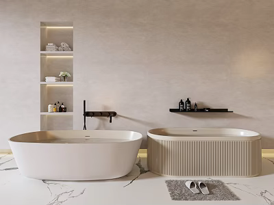 Elegant Freestanding And Ribbed Bathtubs With Bathroom Shelves Slippers And Bath Products On Marble Floor 3d model