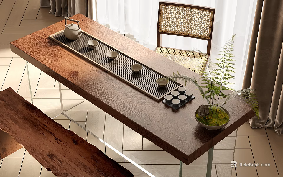 Wooden Tea Table with Rattan Chair Tea Tray Teapot Cups Go Stones and Green Plant 3d model 