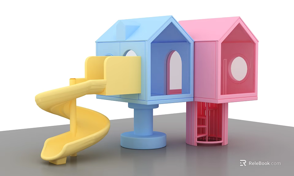 Colorful Children's Playhouses Featuring Blue Pink Structures And Yellow Slide 3d model 