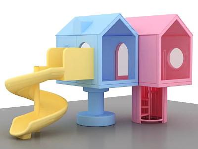 Colorful Children's Playhouses Featuring Blue Pink Structures And Yellow Slide 3d model