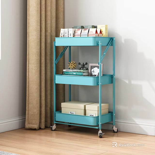 Blue Three Tier Rolling Storage Shelf with Metal Frame for Books Decorations and Storage Boxes 3d model 