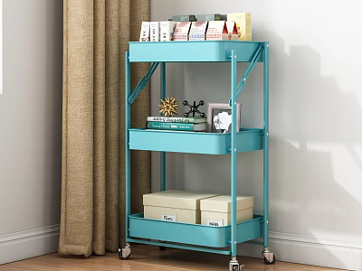 Blue Three Tier Rolling Storage Shelf with Metal Frame for Books Decorations and Storage Boxes 3d model