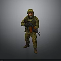 Military Soldier In Uniform With Helmet Holding Rifle Standing On Gray Background