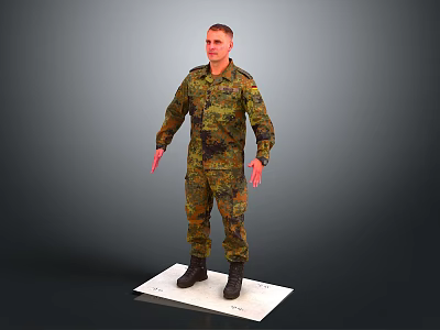 Realistic Game and Movie Character Male in Camouflage Uniform Standing Pose on White Platform 3d model